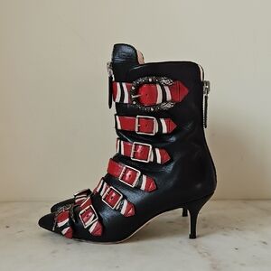 GUCCI: Black and Red Striped Buckle Ankle Boots